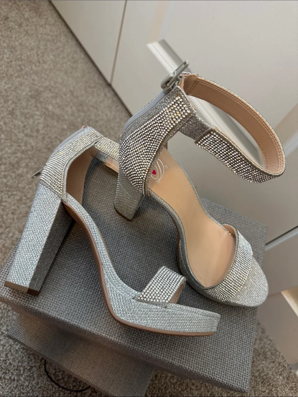 Silver Rhinestone Ankle Strap Women's Heels